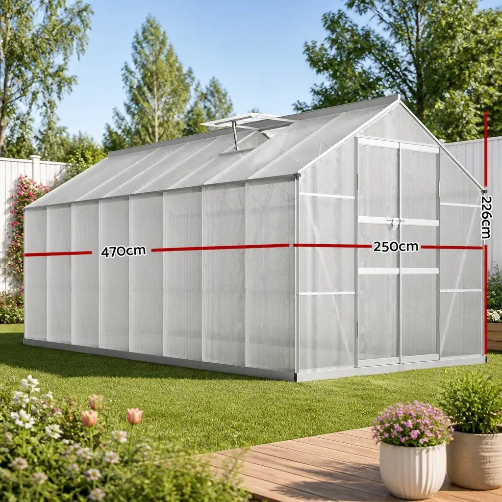 Aluminium Greenhouse Polycarbonate 4.7x2.5x2.26M Double Doors Garden Shed