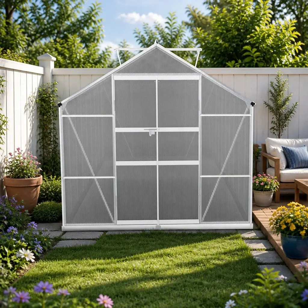 Aluminium Greenhouse Polycarbonate 4.7x2.5x2.26M Double Doors Garden Shed