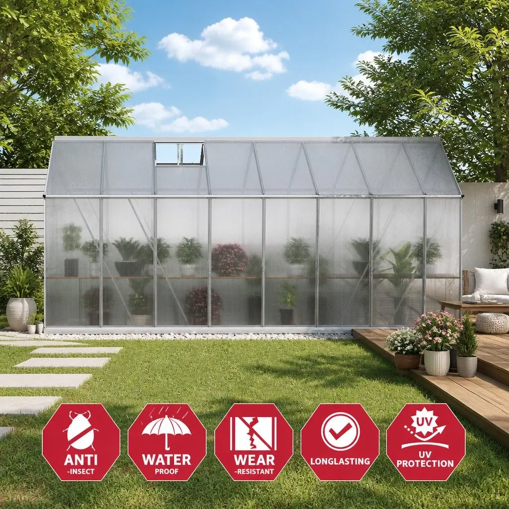 Aluminium Greenhouse Polycarbonate 4.7x2.5x2.26M Double Doors Garden Shed