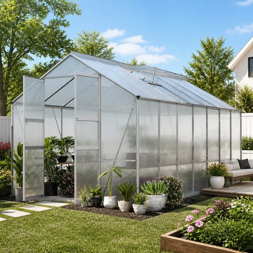Aluminium Greenhouse Polycarbonate 4.7x2.5x2.26M Double Doors Garden Shed