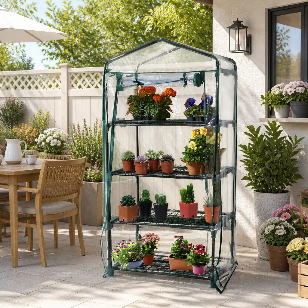 4 Tier Mini Greenhouse with PVC Cover for Garden