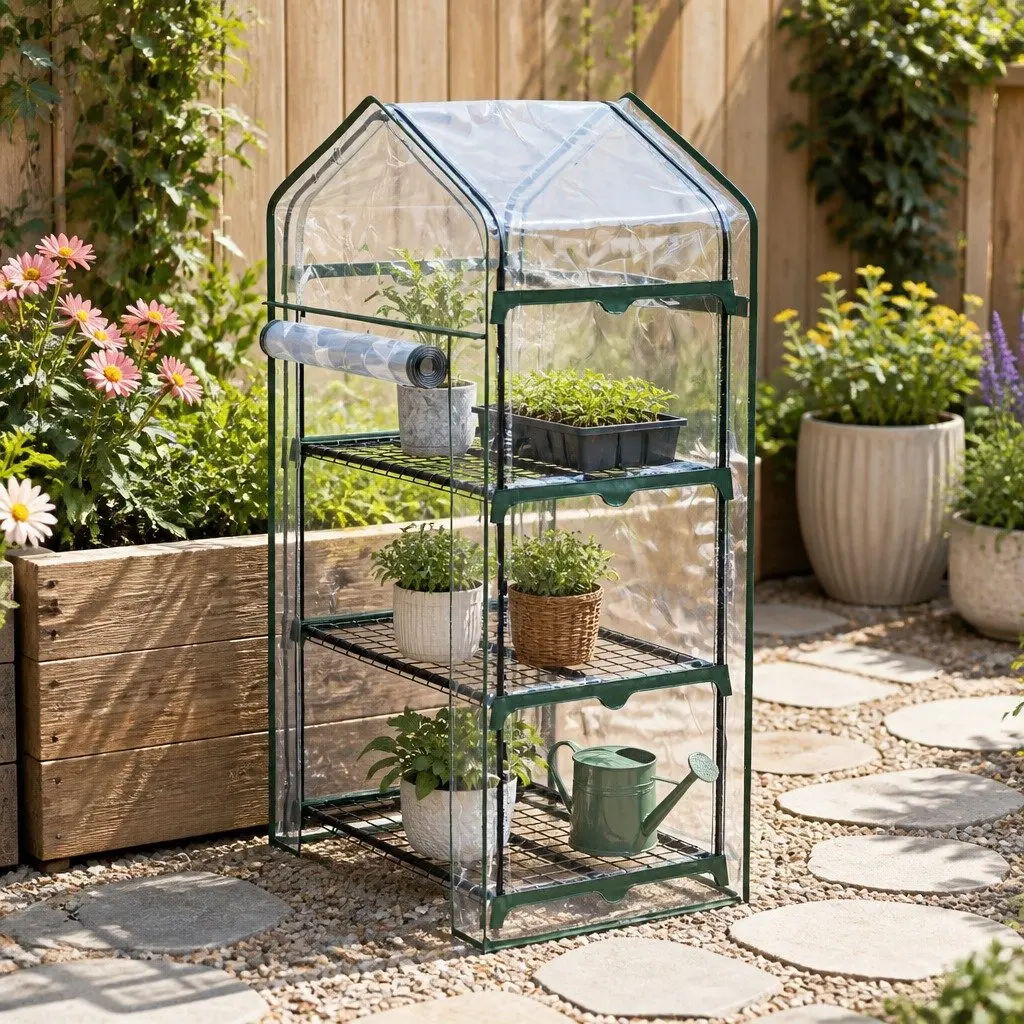 Mini Greenhouse Waterproof PVC Cover 3 Tier Planter Garden Bed Green