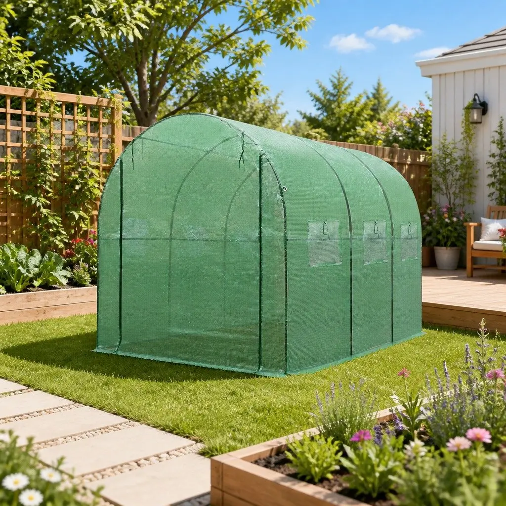 Walk-In Greenhouse PE 3x2x2M Green Powder Coated Steel Tunnel Garden Plant Dome Shed Roll-Up Door Mesh