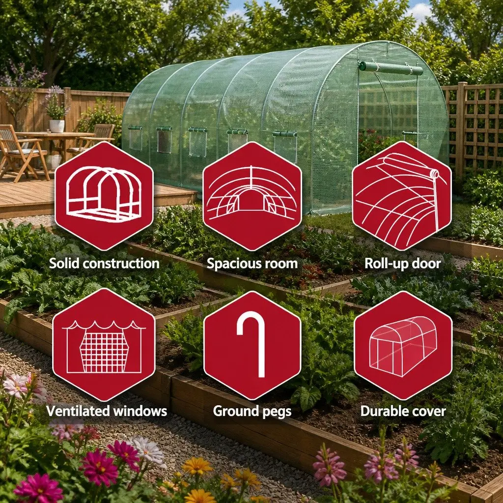 Walk-In Greenhouse PE 3x2x2M Green Powder Coated Steel Tunnel Garden Plant Dome Shed Roll-Up Door Mesh