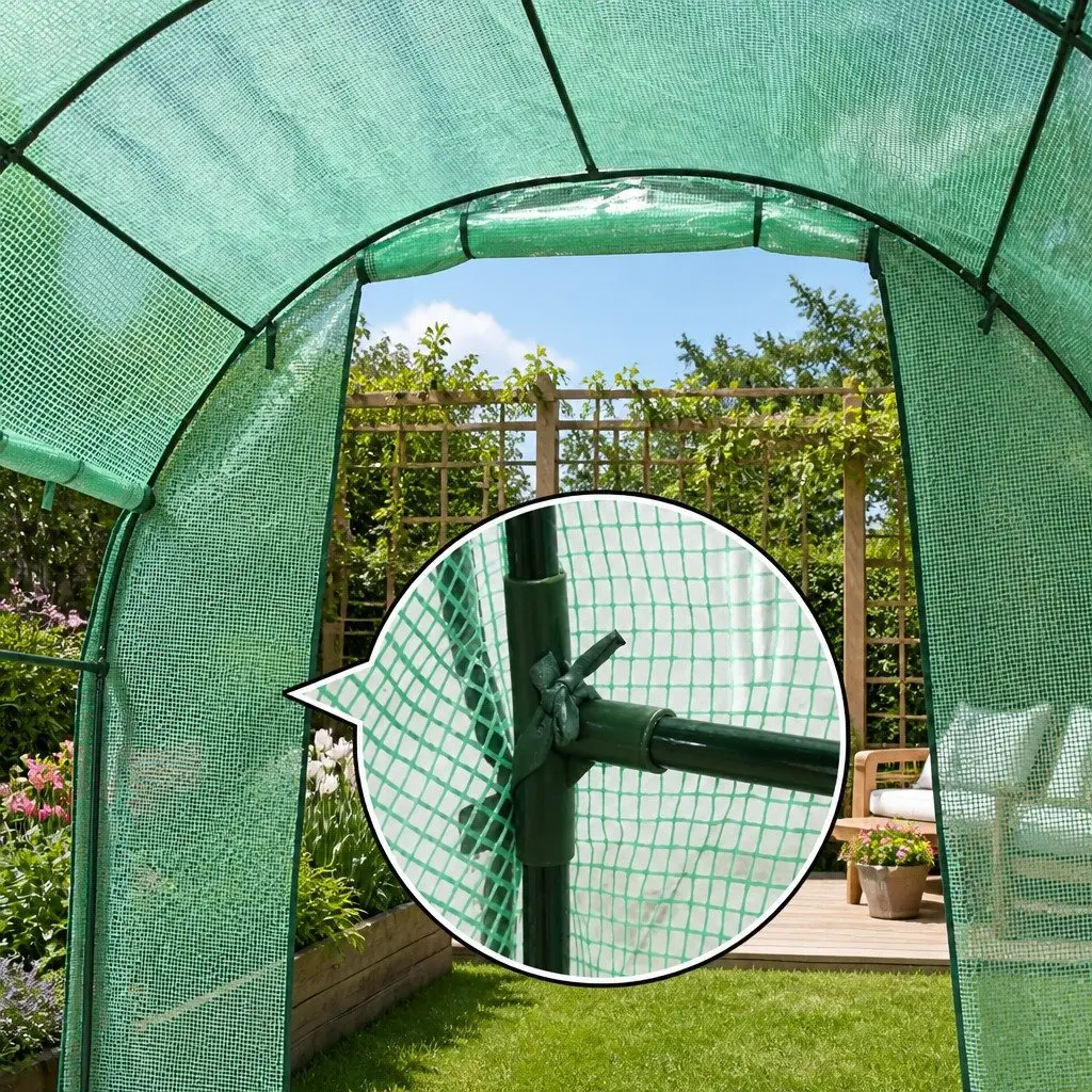 Walk-In Greenhouse PE 3x2x2M Green Powder Coated Steel Tunnel Garden Plant Dome Shed Roll-Up Door Mesh