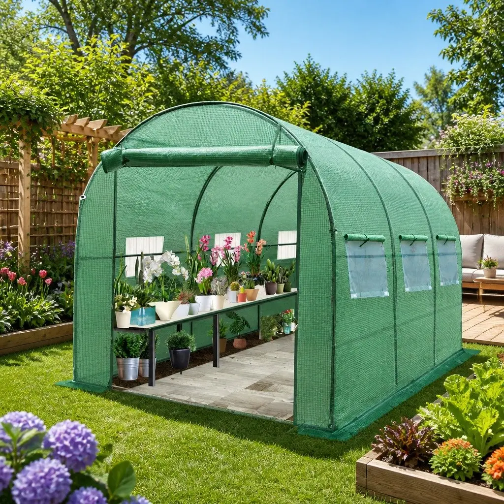 Walk-In Greenhouse PE 3x2x2M Green Powder Coated Steel Tunnel Garden Plant Dome Shed Roll-Up Door Mesh