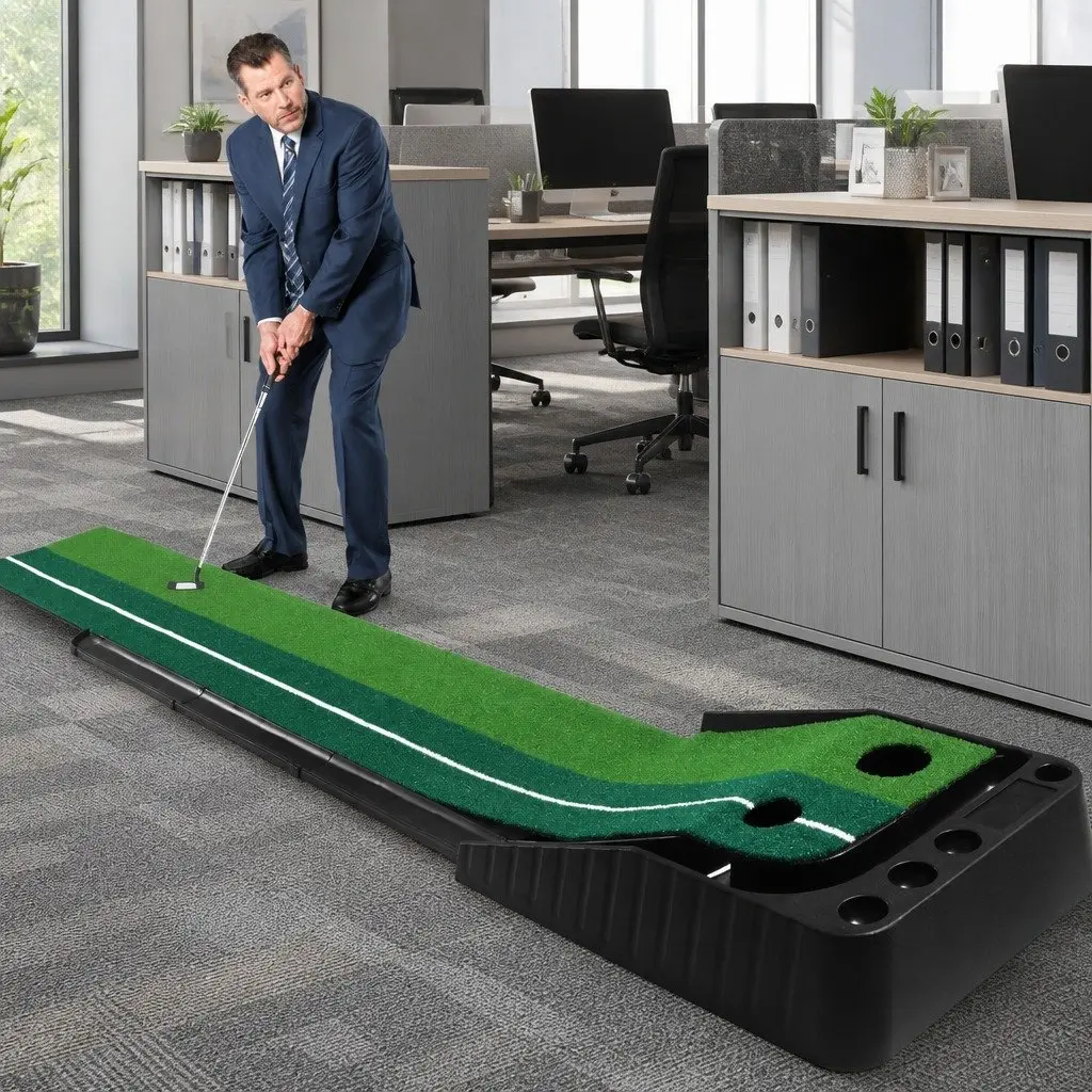 Golf Putting Mat Portable Practice Trainer ABS 250cm x 40cm Green Black
