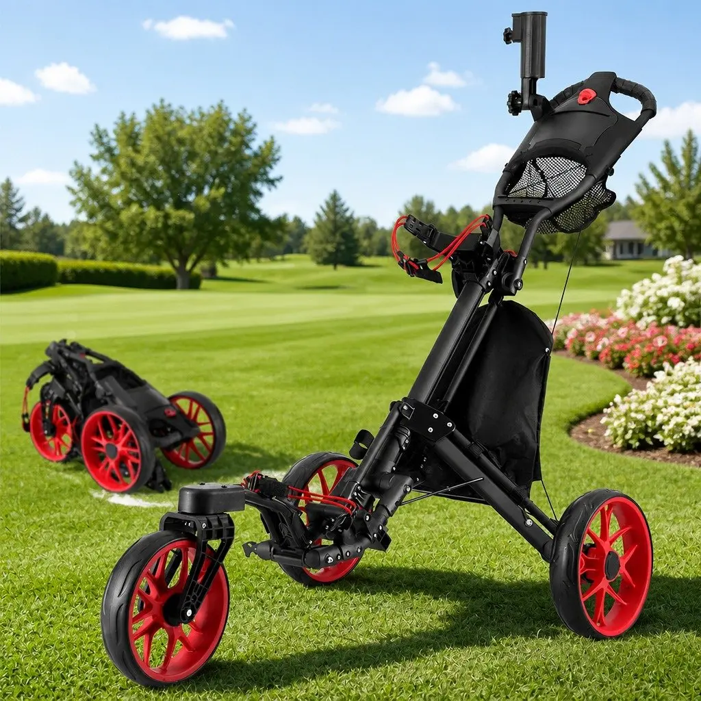 Golf Trolley Cart 3 Wheel Foldable Black and Red