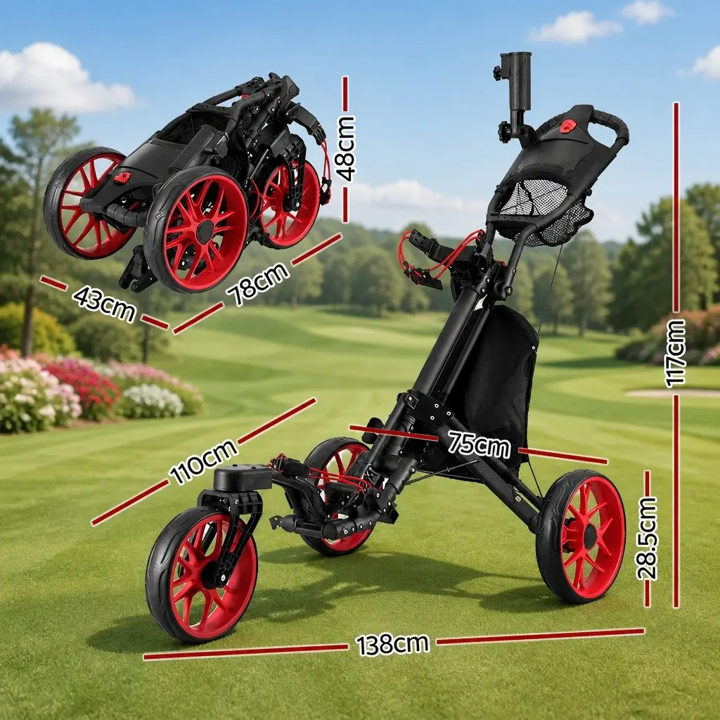 Golf Trolley Cart 3 Wheel Foldable Black and Red