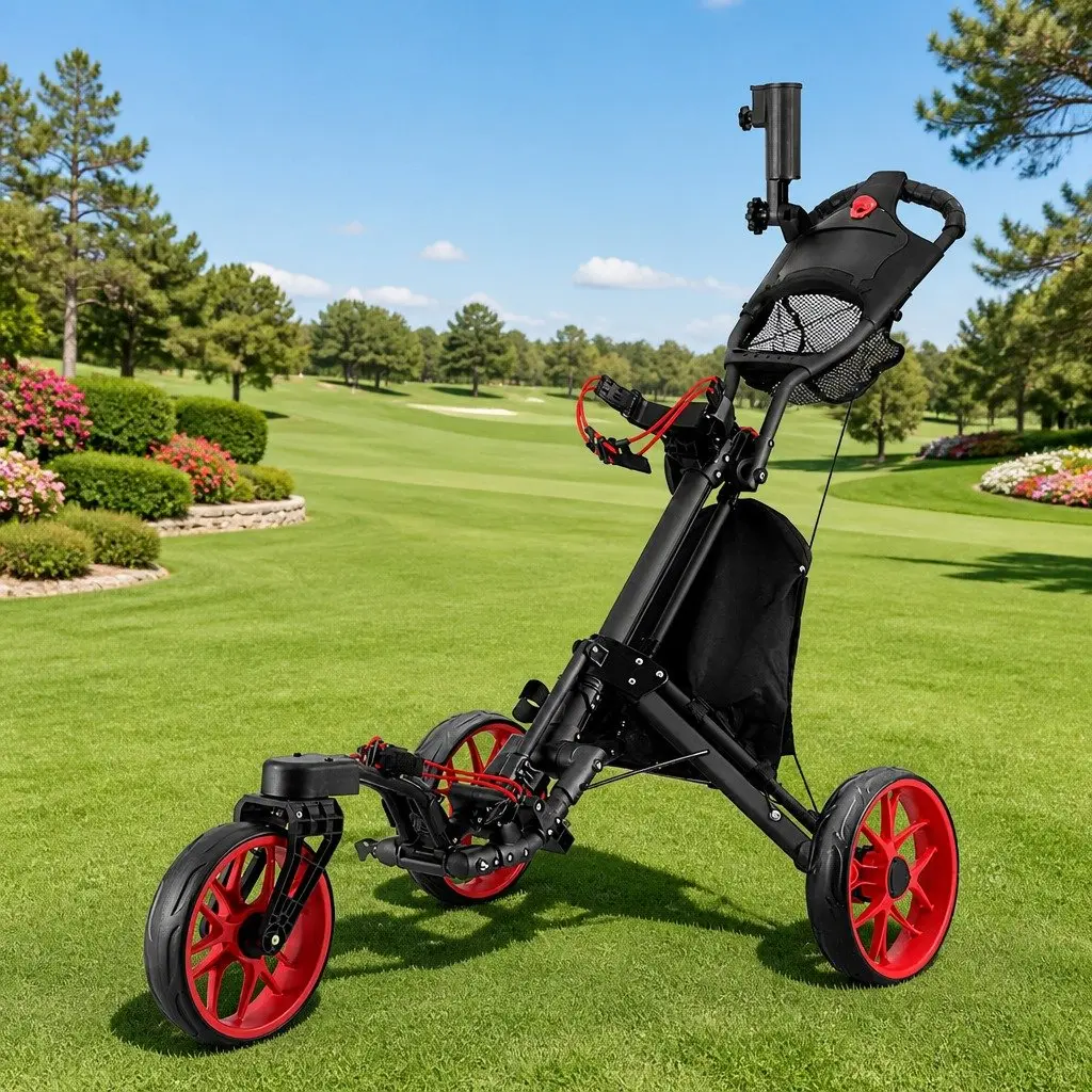 Golf Trolley Cart 3 Wheel Foldable Black and Red