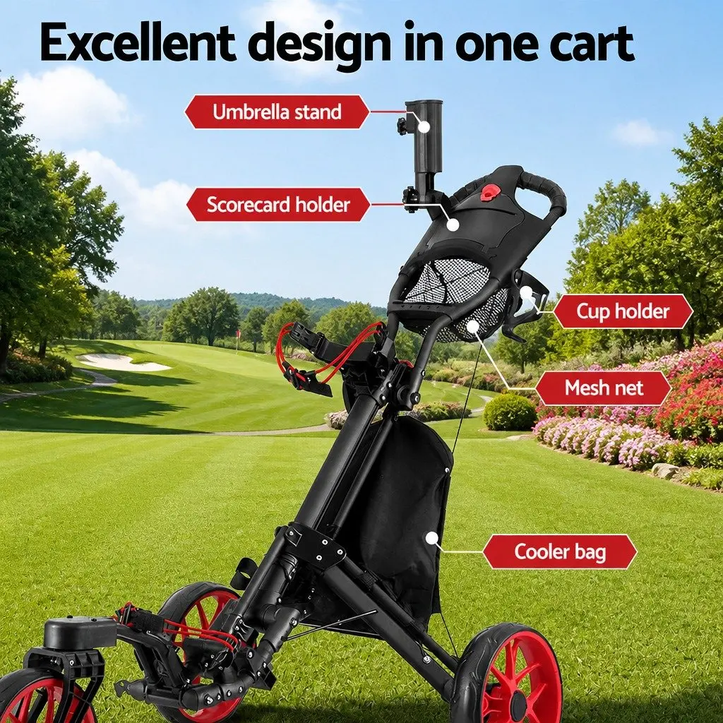 Golf Trolley Cart 3 Wheel Foldable Black and Red