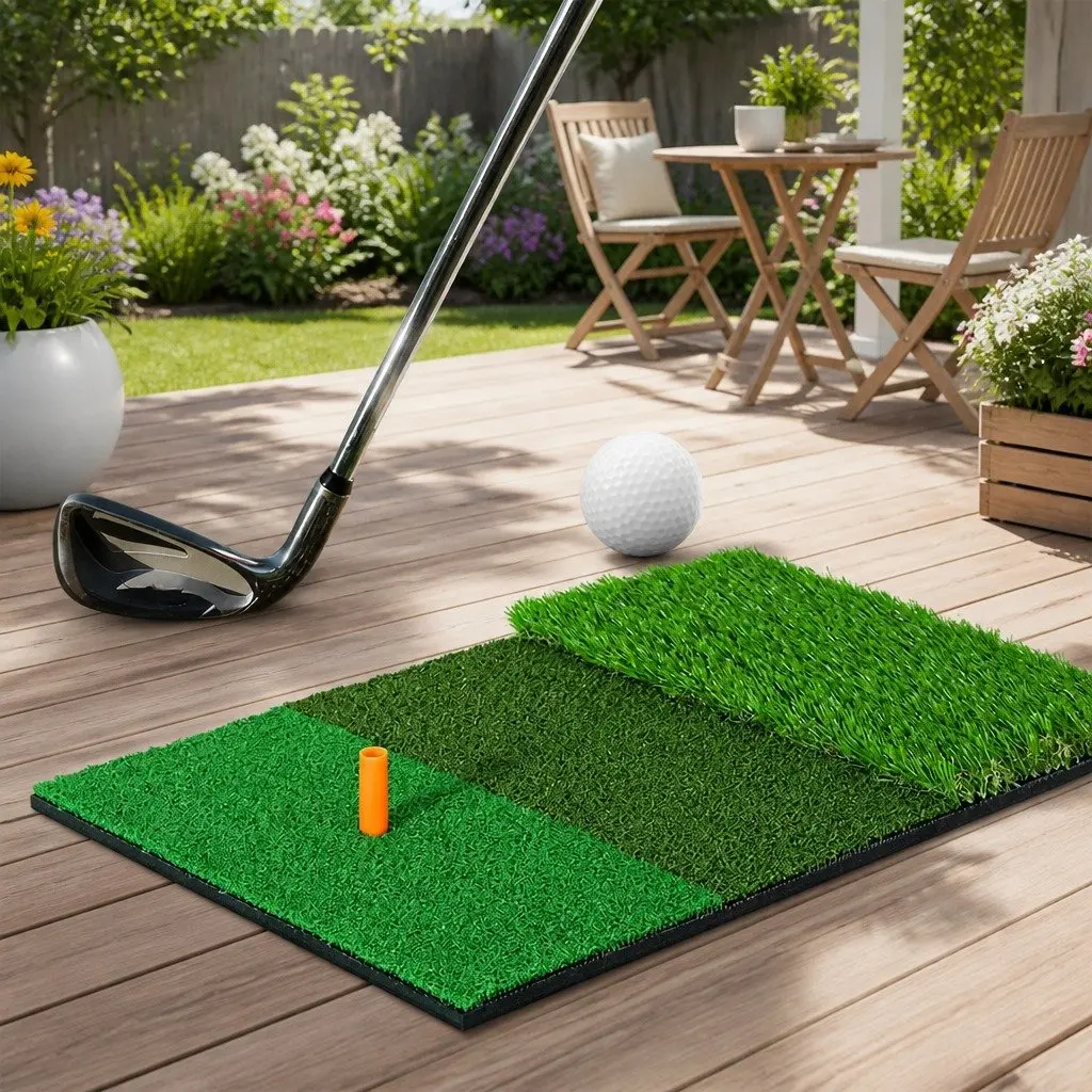 Golf Hitting Mat Portable 3 in 1 Training Aid Green Turf 40cm x 60cm