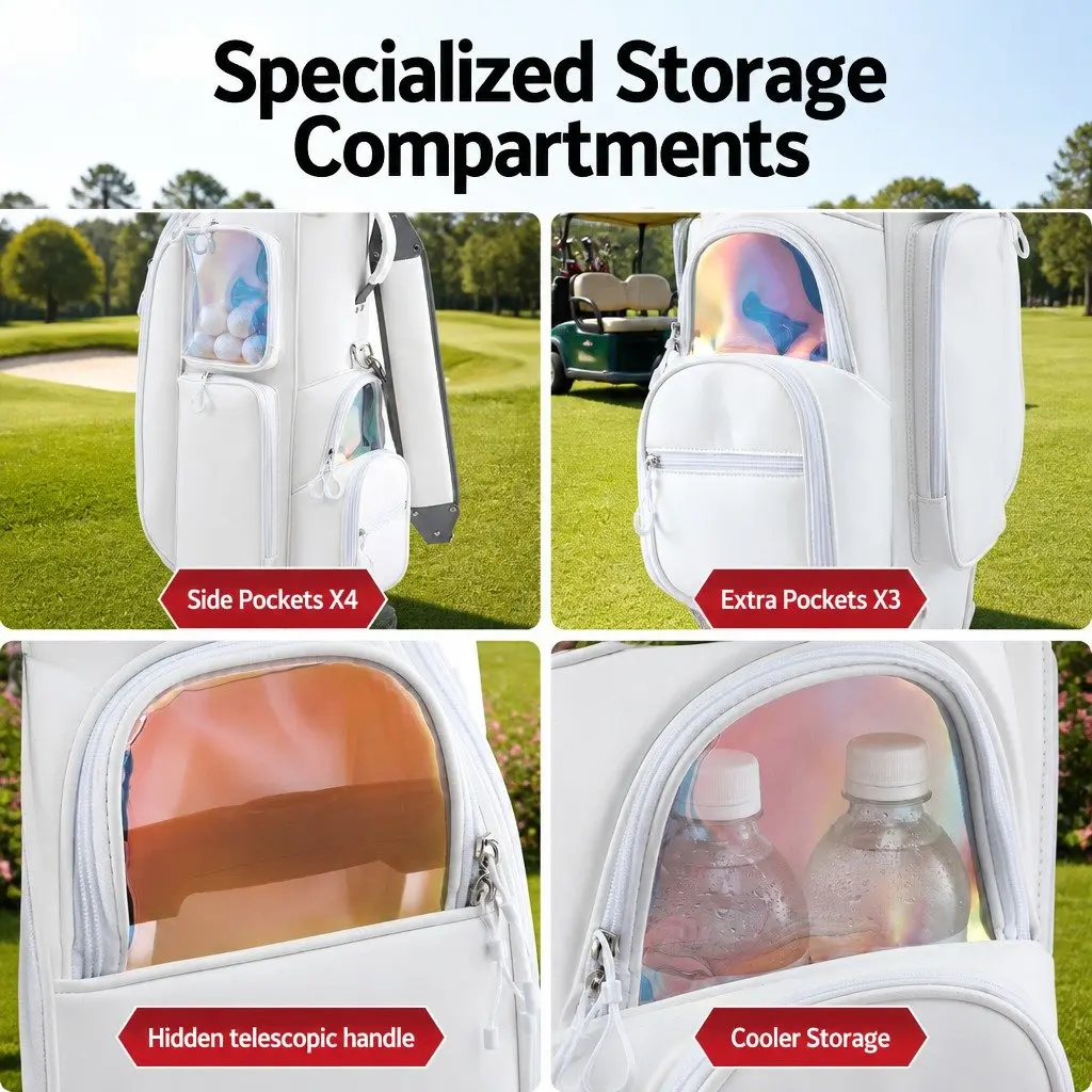 Golf Cart Bag Synthetic Microfiber Leather 37cm x 30cm x 125cm White Multicolour