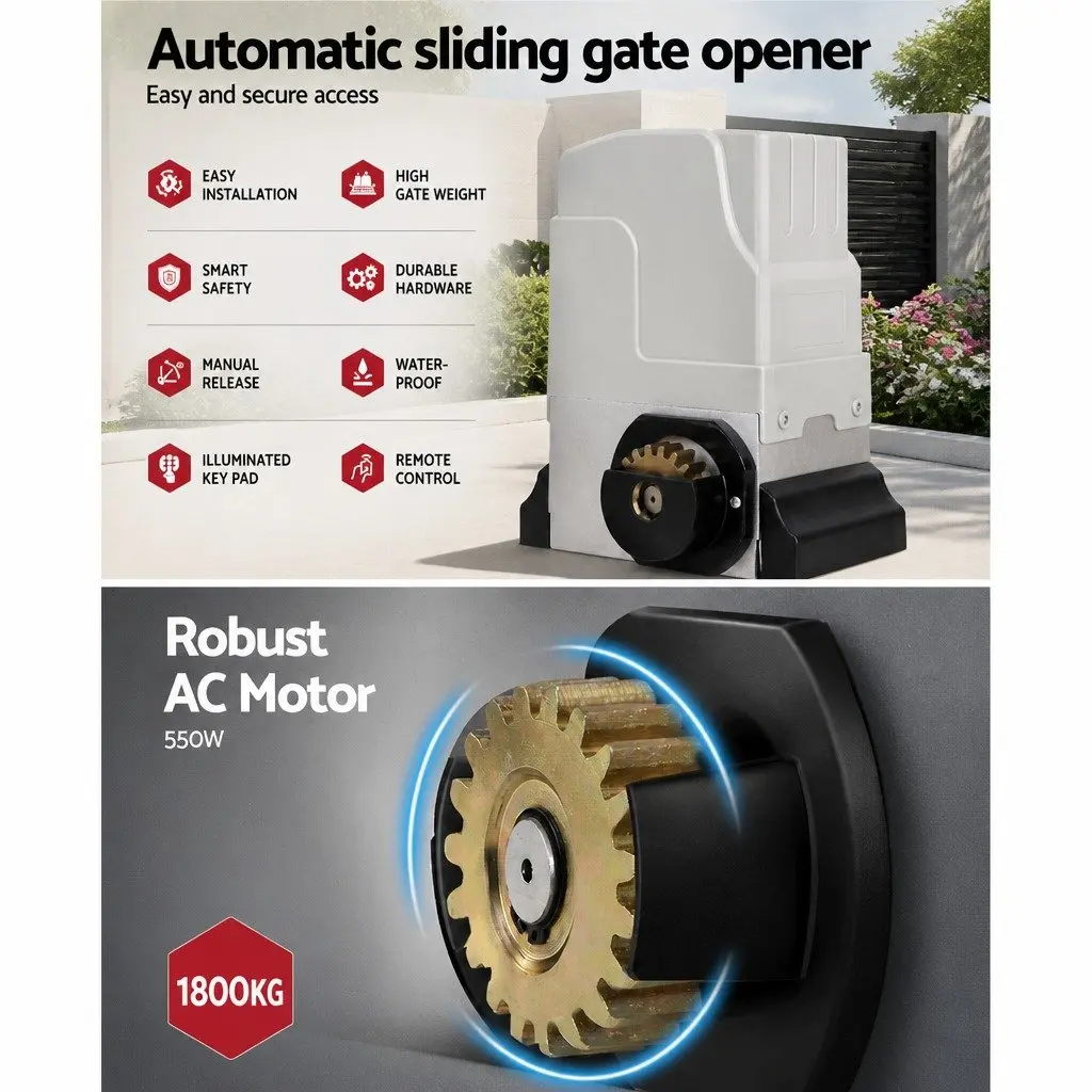 Automatic Sliding Gate Opener Motor Kit 6M Rail 1800kg Capacity Remote Control