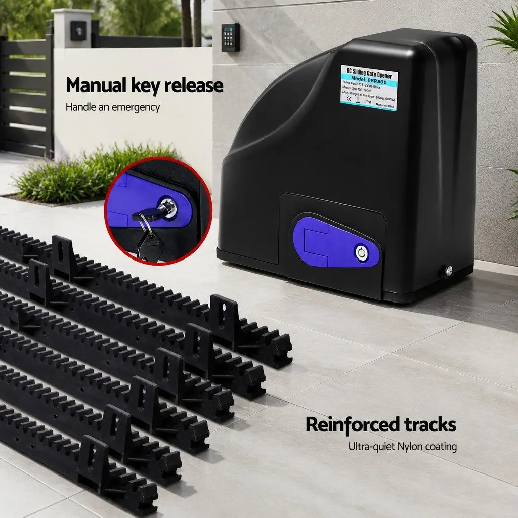 Automatic Sliding Gate Opener Kit 6M 600KG Solar-Powered with Remote Controls