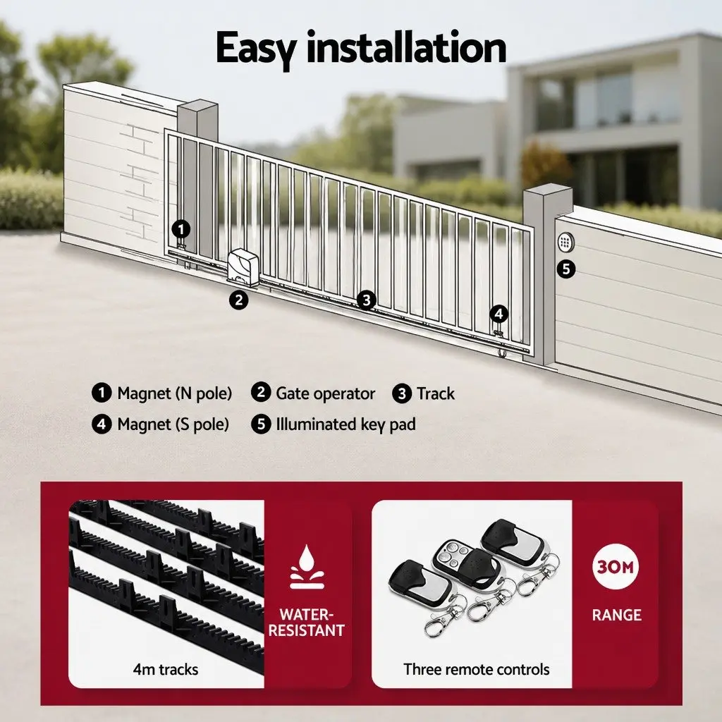 Solar Powered Automatic Gate Opener 600kg Capacity Remote Control 4m Length
