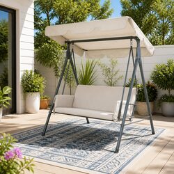 Durable 3-Seater Outdoor Swing Chair with Canopy in Beige