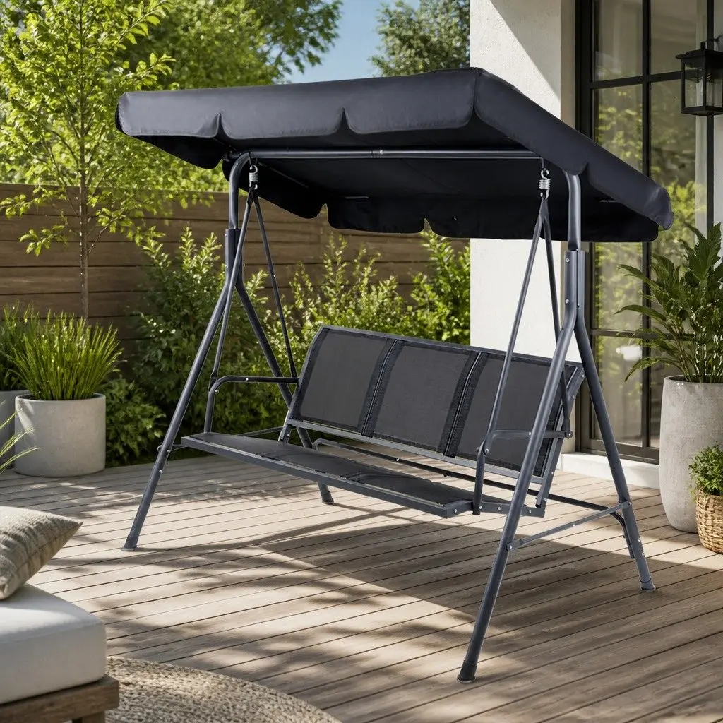 Black Three-Seater Outdoor Swing Chair with Adjustable Canopy