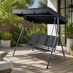 Black Three-Seater Outdoor Swing Chair with Adjustable Canopy