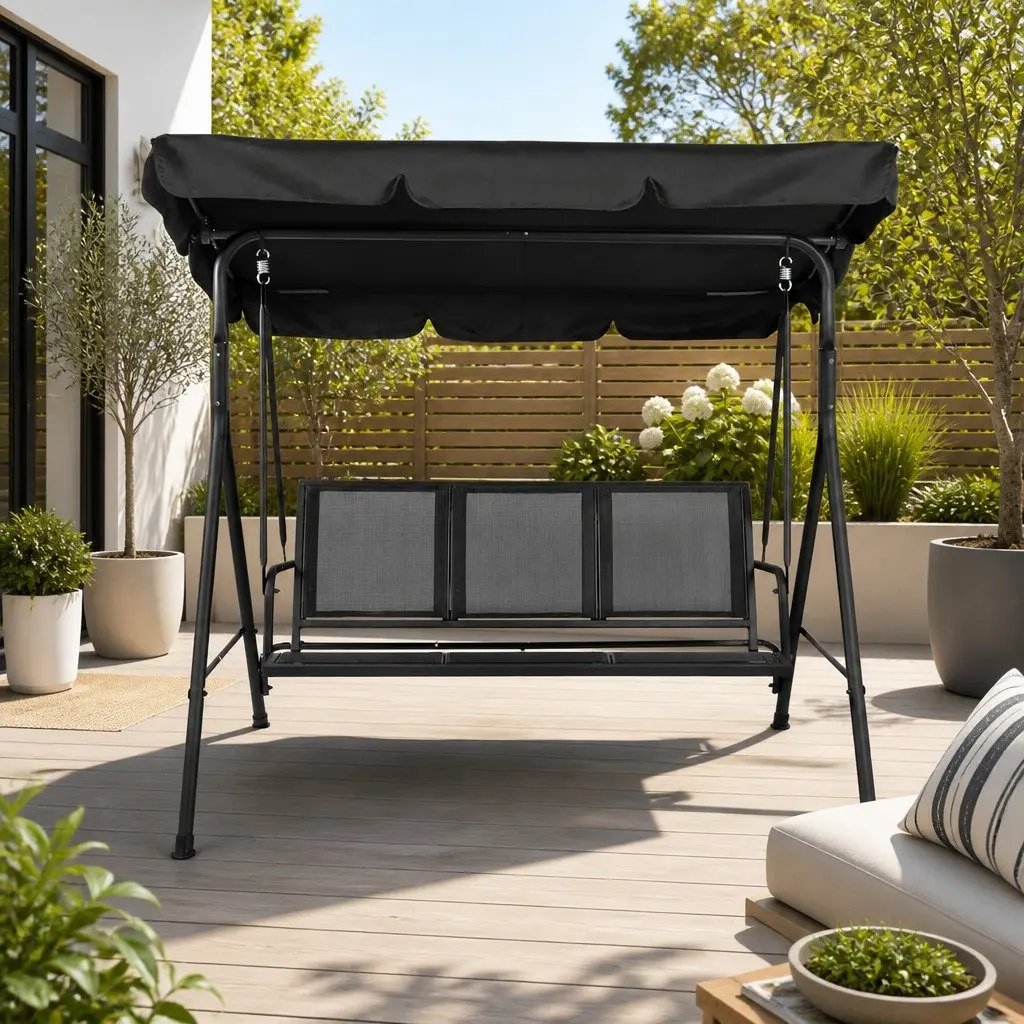 Black Three-Seater Outdoor Swing Chair with Adjustable Canopy