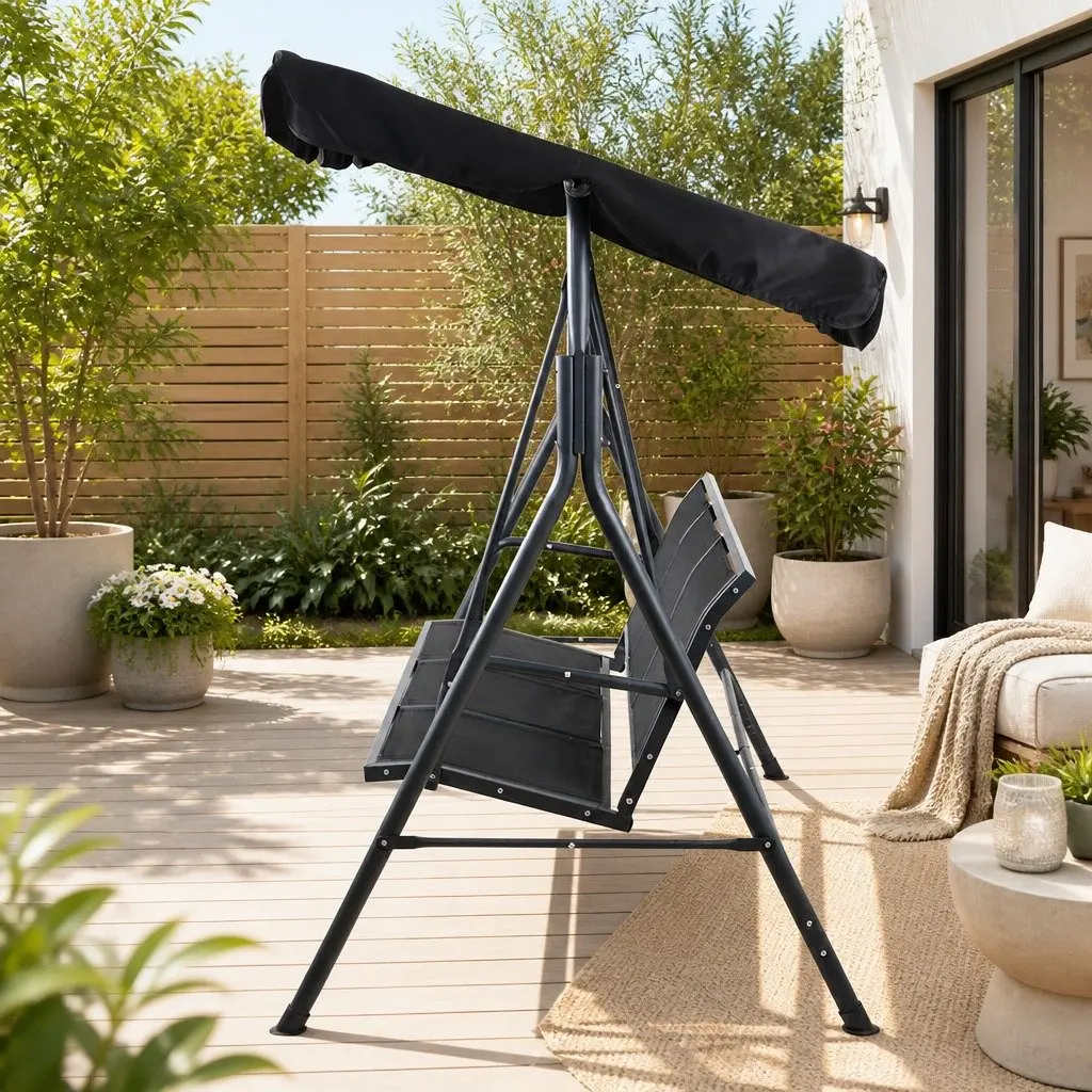 Black Three-Seater Outdoor Swing Chair with Adjustable Canopy