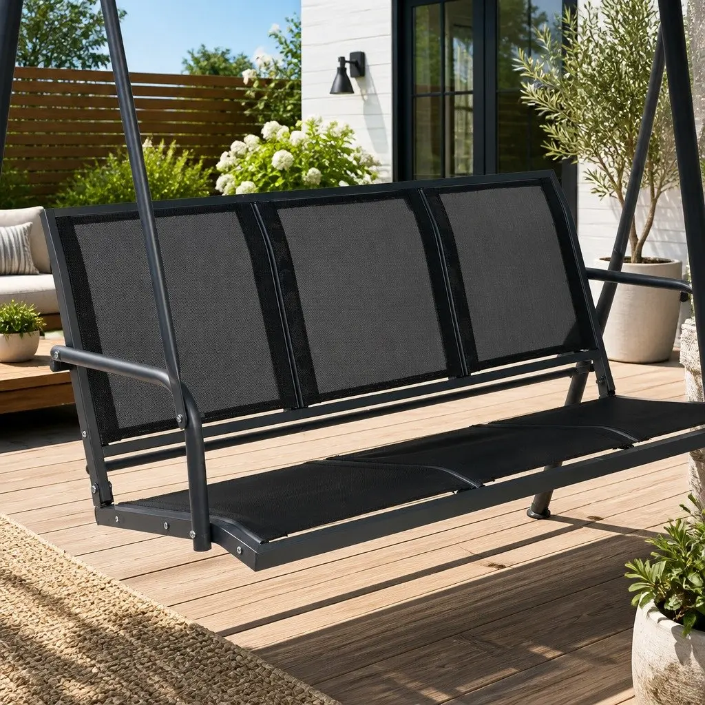 Black Three-Seater Outdoor Swing Chair with Adjustable Canopy