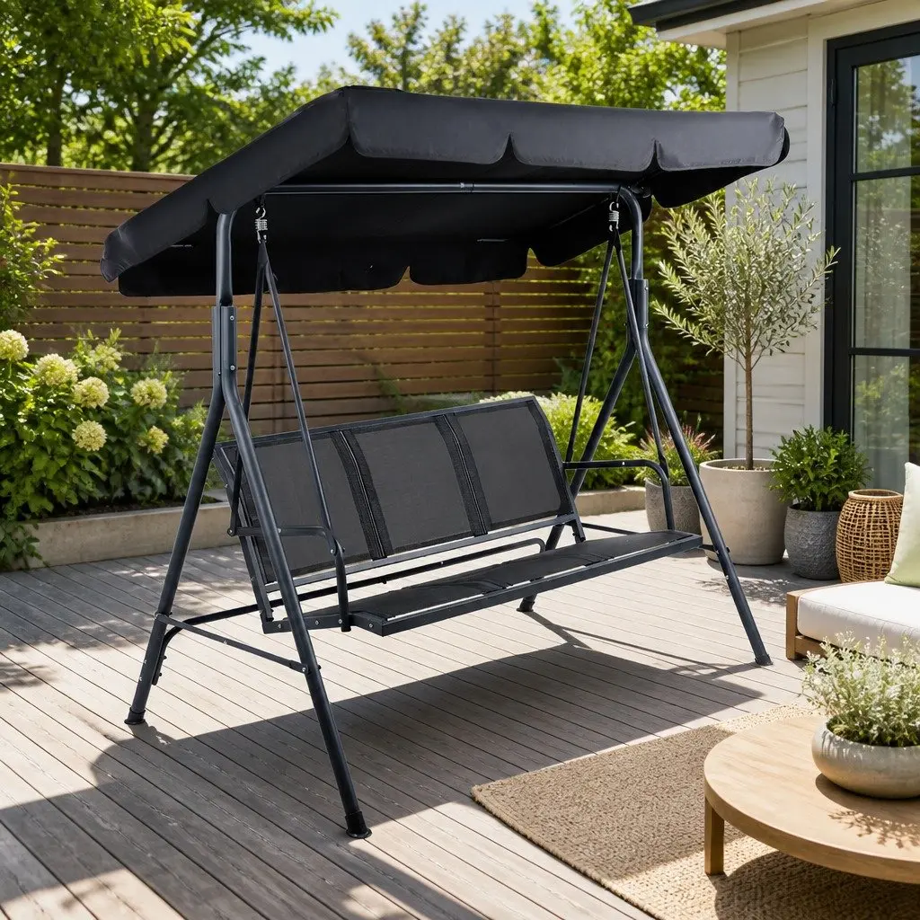 Black Three-Seater Outdoor Swing Chair with Adjustable Canopy