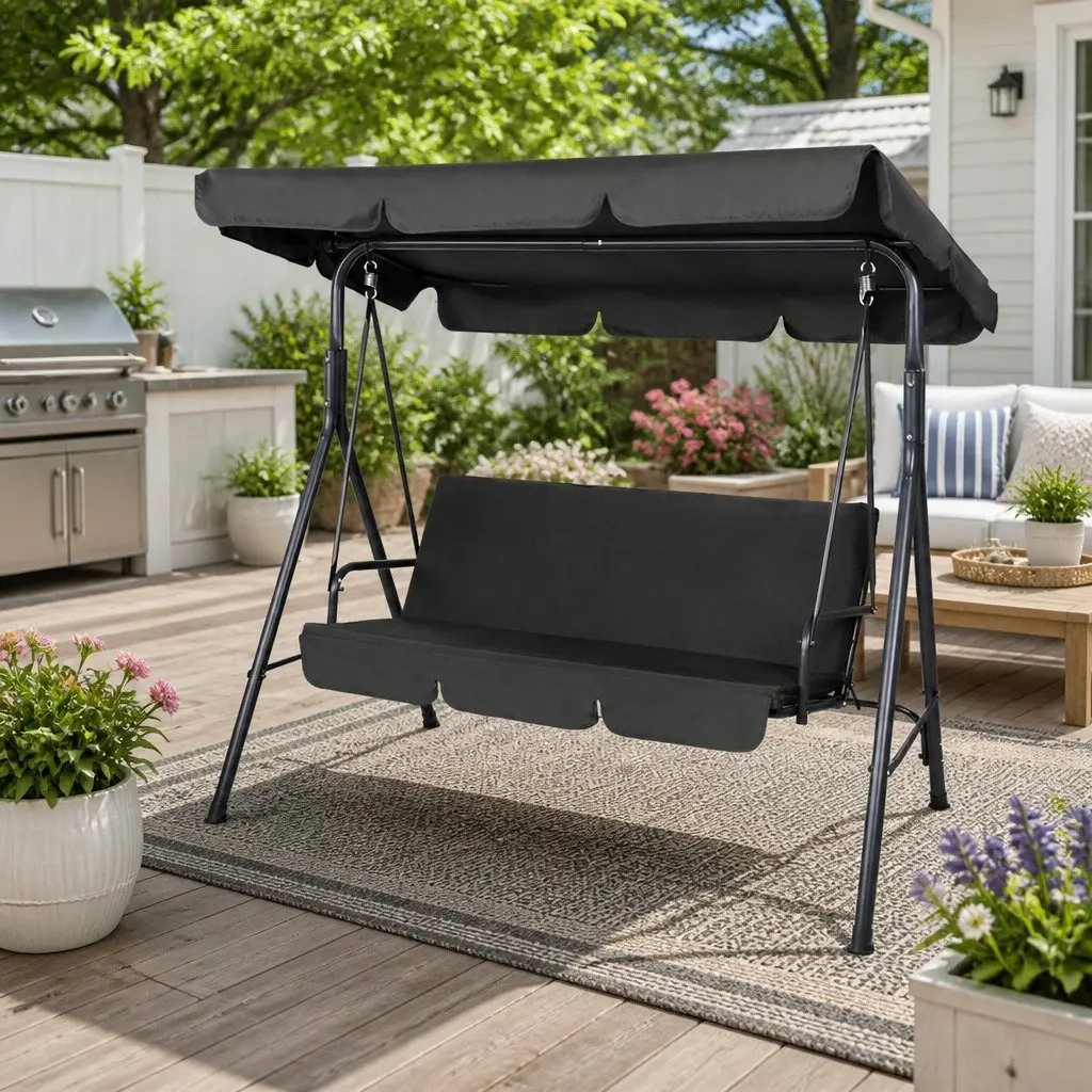 Outdoor Swing Chair Textilene Powder-coated Steel 3 Seater Black