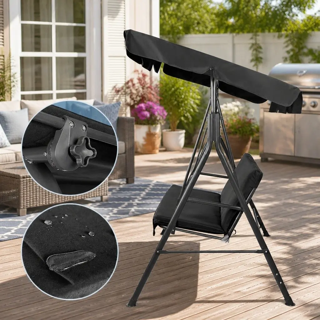 Outdoor Swing Chair Textilene Powder-coated Steel 3 Seater Black