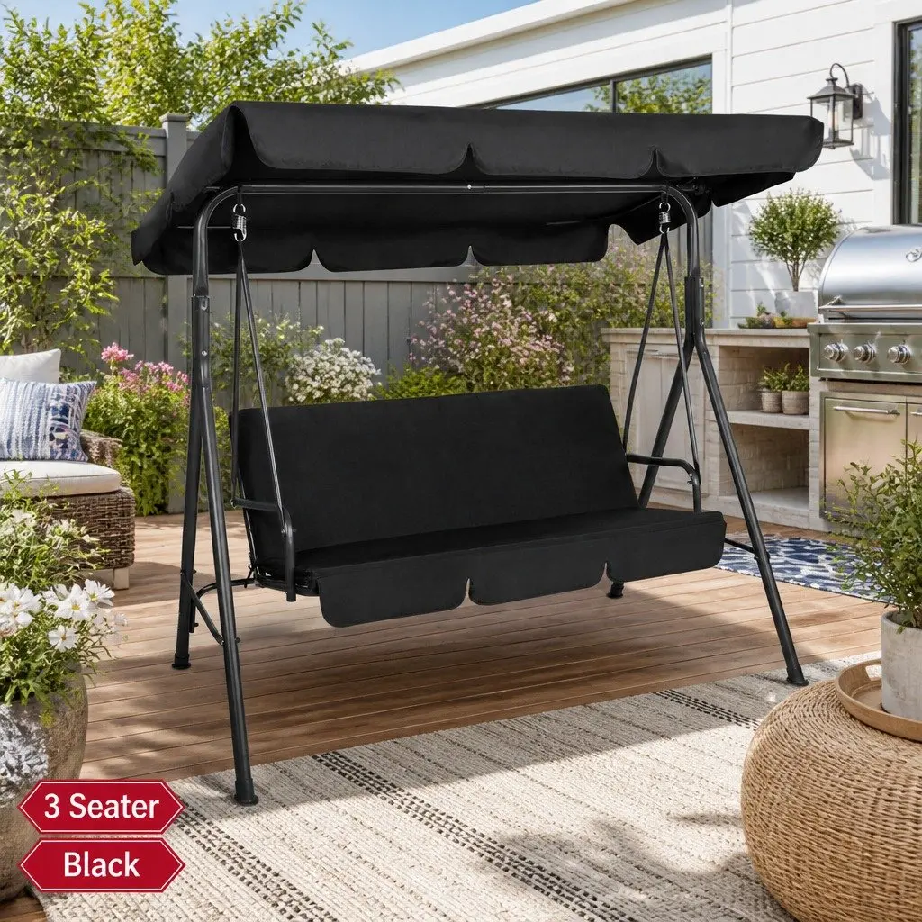 Outdoor Swing Chair Textilene Powder-coated Steel 3 Seater Black