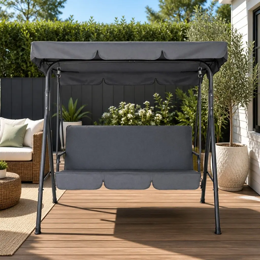 Grey Outdoor Swing Chair for Three with Adjustable Canopy