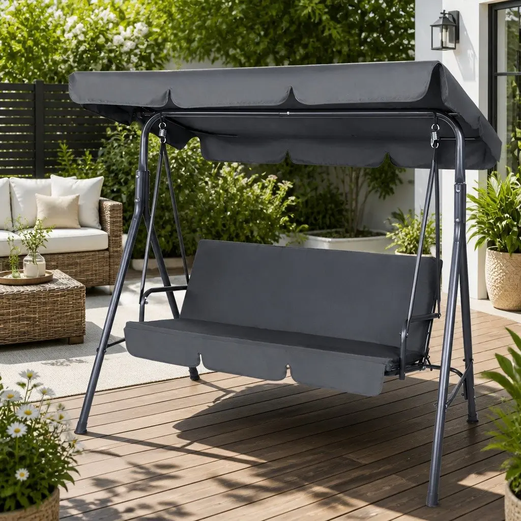 Grey Outdoor Swing Chair for Three with Adjustable Canopy