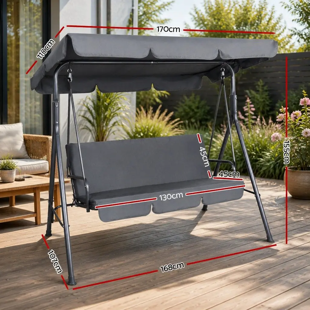 Grey Outdoor Swing Chair for Three with Adjustable Canopy