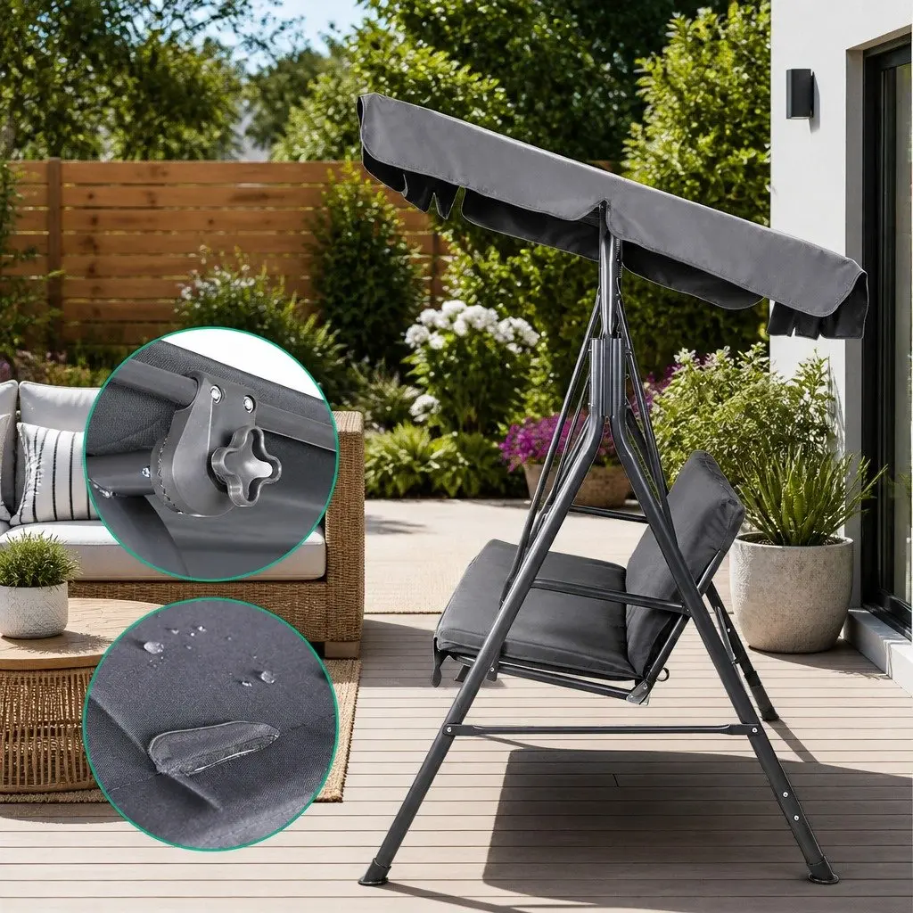 Grey Outdoor Swing Chair for Three with Adjustable Canopy