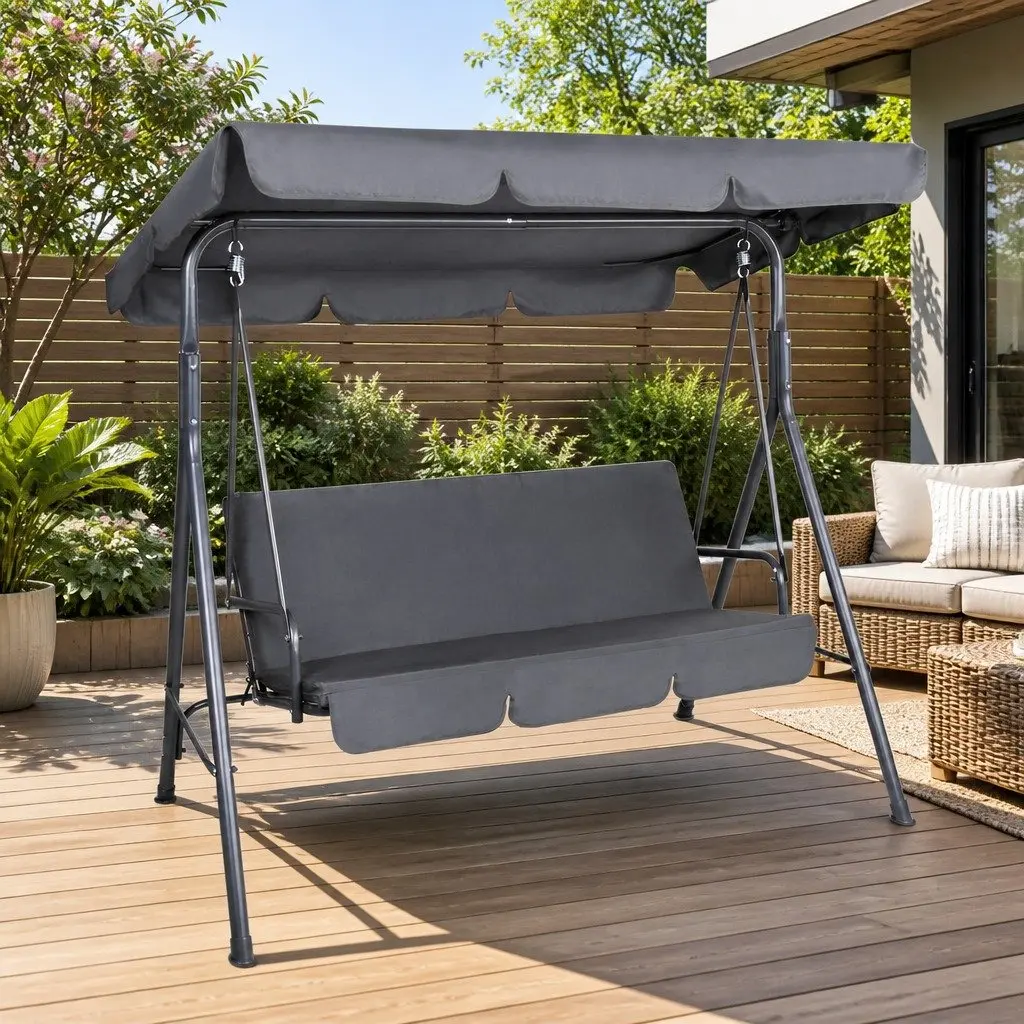 Grey Outdoor Swing Chair for Three with Adjustable Canopy