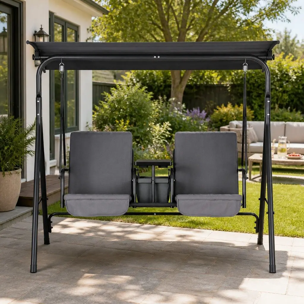 Outdoor Swing Chair Textilene Powder-coated Steel 2 Seater Grey