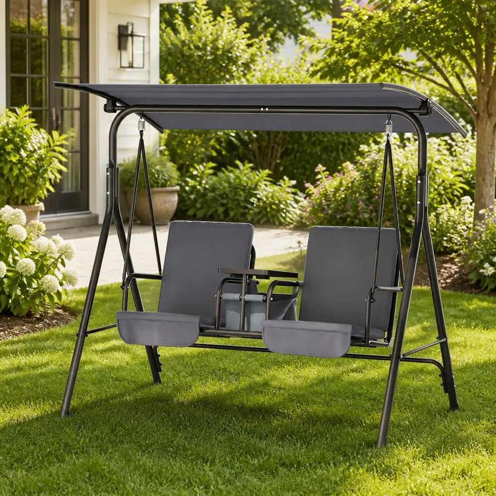 Outdoor Swing Chair Textilene Powder-coated Steel 2 Seater Grey
