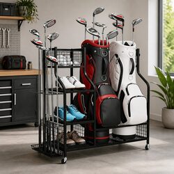 Sturdy Golf Bag Organizer Rack with Wheels and Shelves