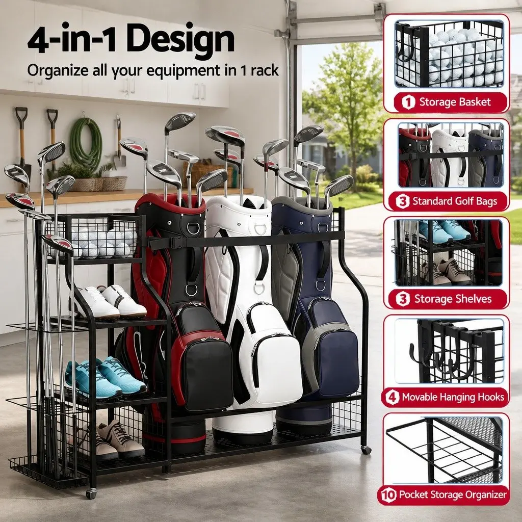 Golf Bag Storage Organizer Metal 132cm Black with Wheels Shelves Club Display Stand