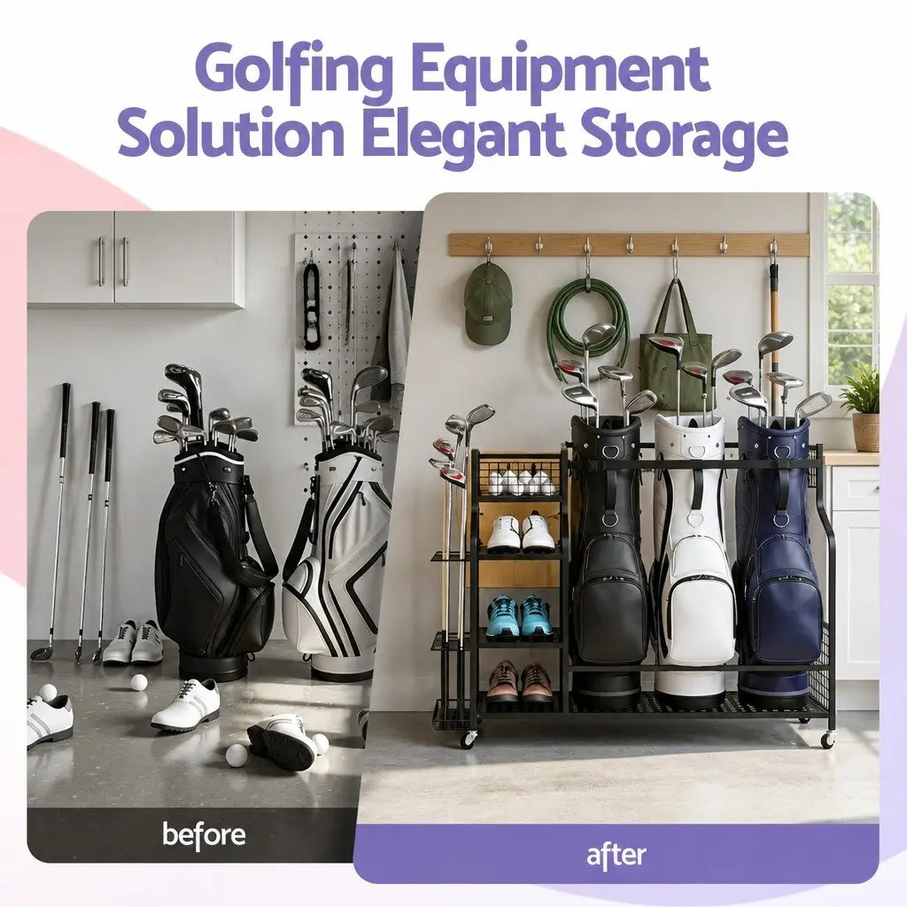 Golf Bag Storage Organizer Metal 132cm Black with Wheels Shelves Club Display Stand