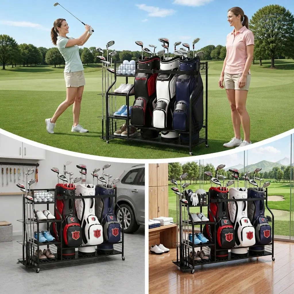 Golf Bag Storage Organizer Metal 132cm Black with Wheels Shelves Club Display Stand
