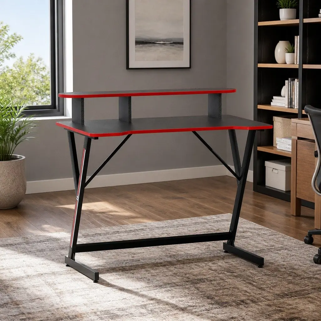 Gaming Desk MDF Steel 100CM Black Y-Shaped Legs Two Tier