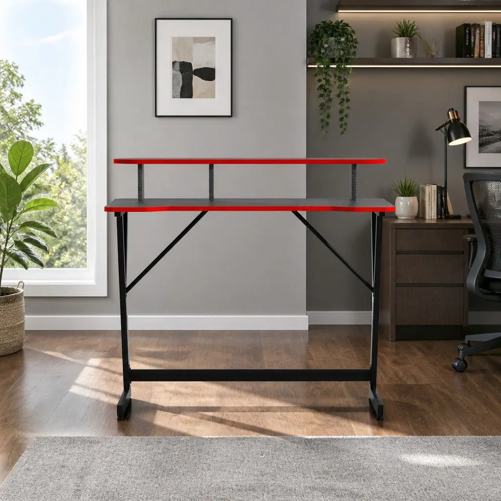 Gaming Desk MDF Steel 100CM Black Y-Shaped Legs Two Tier