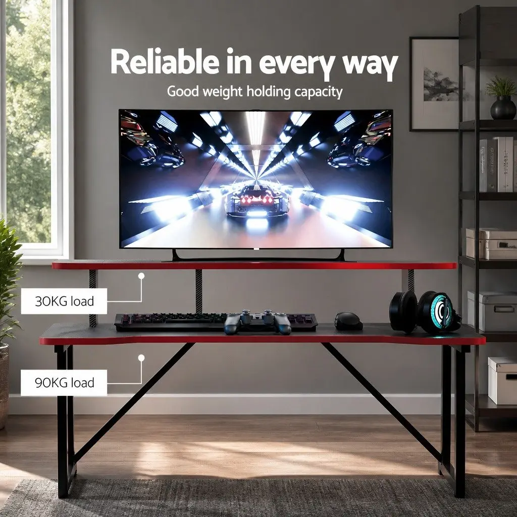 Gaming Desk MDF Steel 100CM Black Y-Shaped Legs Two Tier