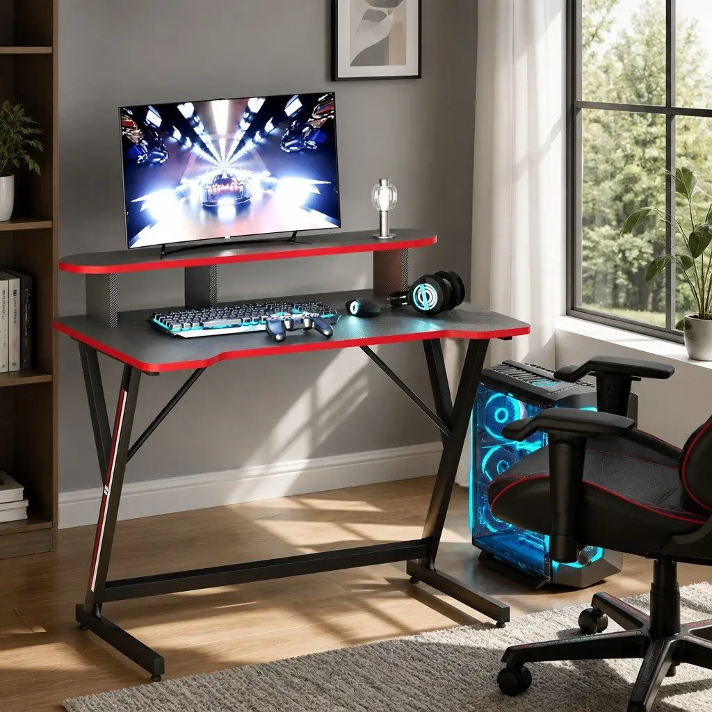 Gaming Desk MDF Steel 100CM Black Y-Shaped Legs Two Tier