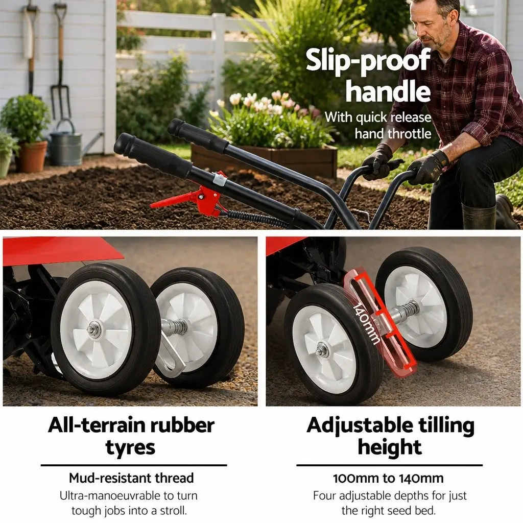Hand-Held Garden Tiller 63cc 2-Stroke Motor