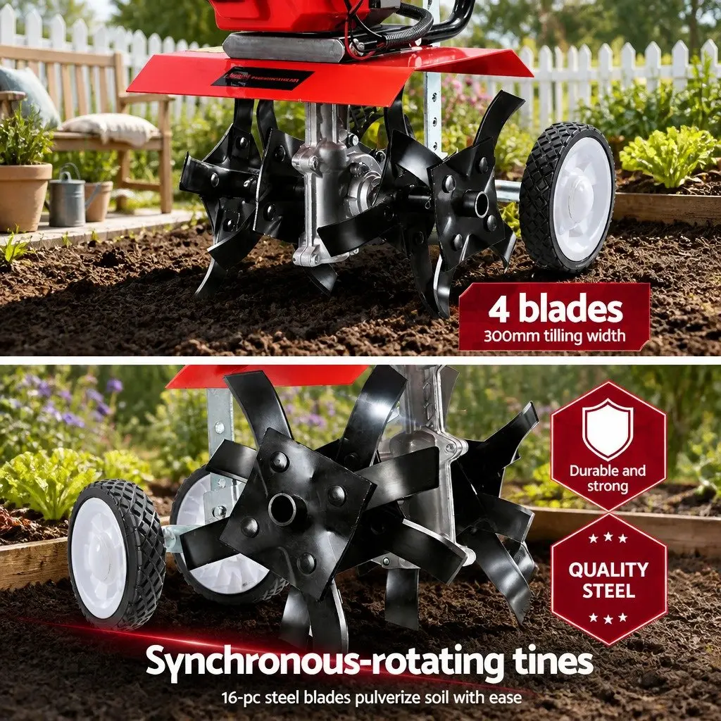 65cc Petrol Tiller Rototiller Garden Cultivator 4 Blades Soil Rotary Hoe Power