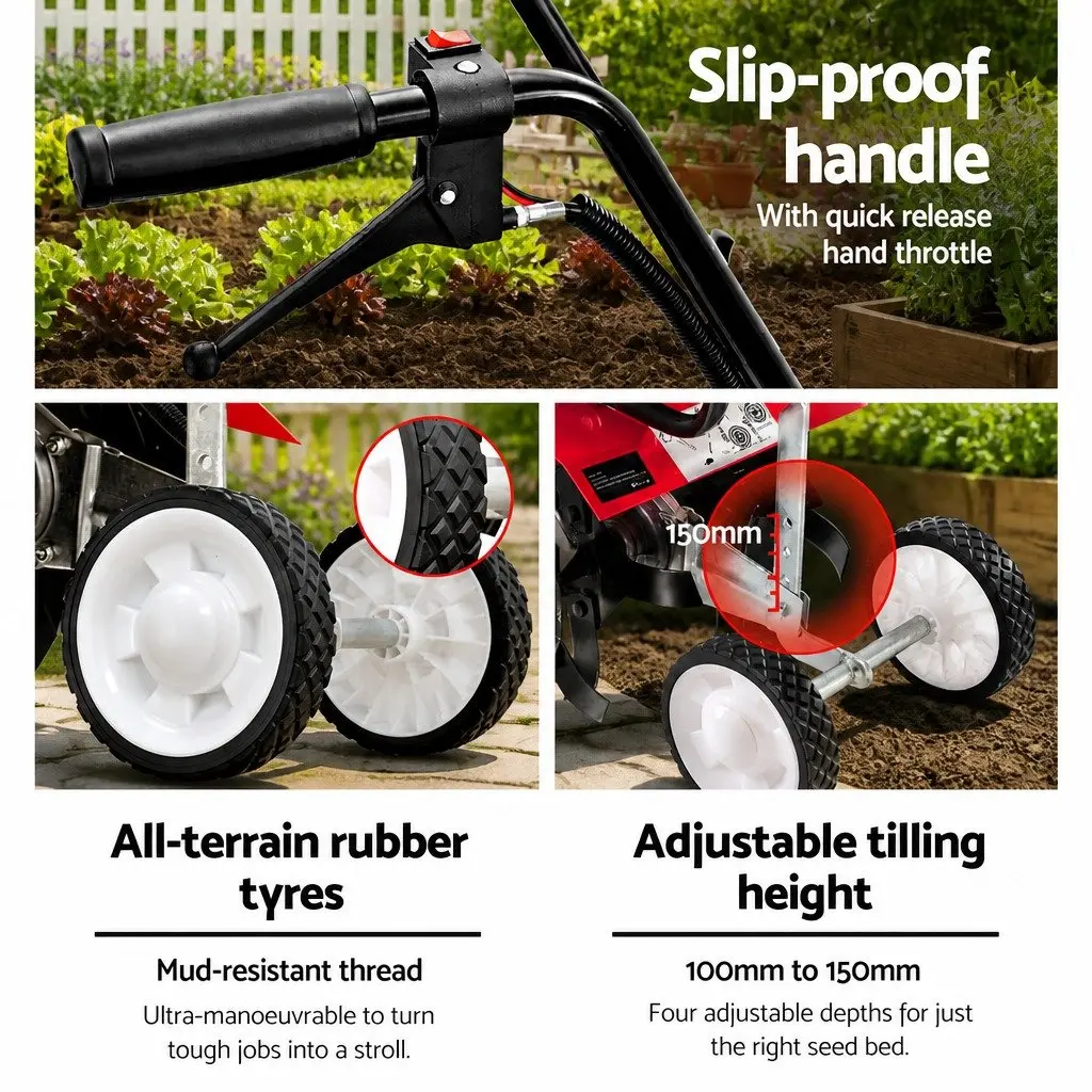 65cc Petrol Tiller Rototiller Garden Cultivator 4 Blades Soil Rotary Hoe Power
