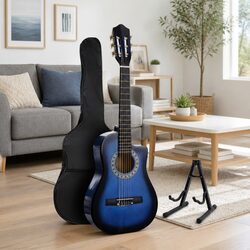 34 Inch Classical Guitar Wooden Body Nylon String Beginner Blue with Stand Picks