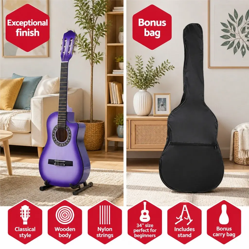 34 Inch Classical Guitar Laminated Linden Wooden Body Purple